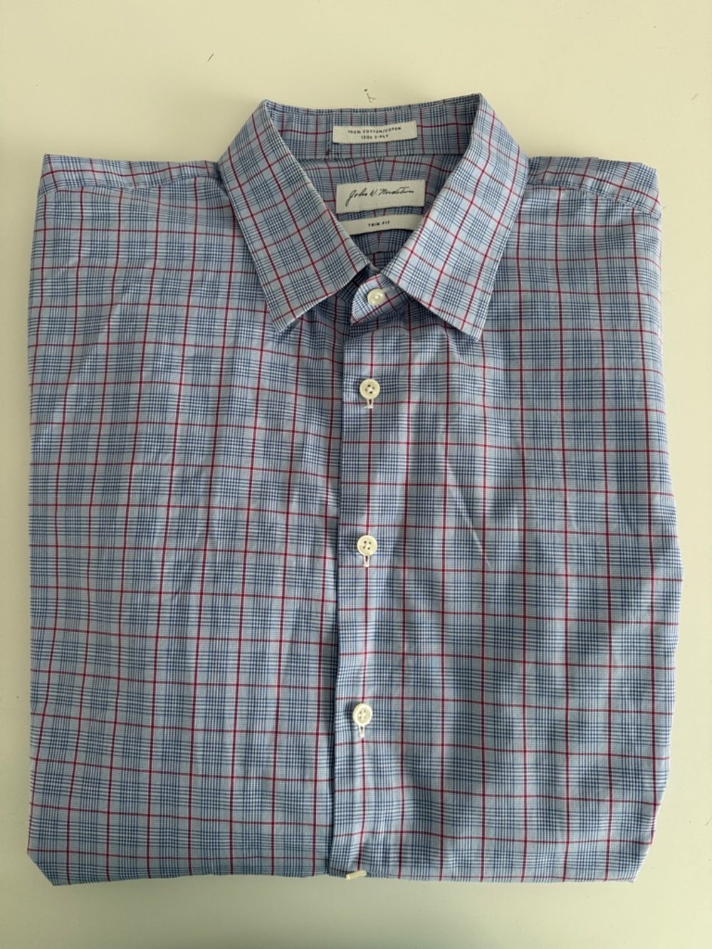 John W. Nordstrom Blue Plaid Dress Shirt with Red Windowpane. Trim fit. 36-37